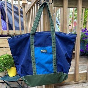 L.L. Bean Navy and Teal Canvas Tote with Green Accents